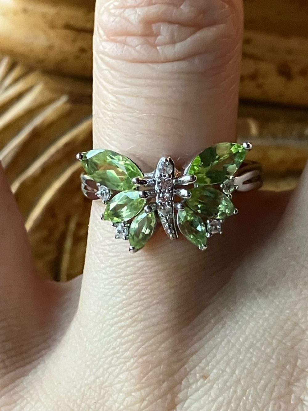 Natural Peridot Sterling Silver Butterfly Ring Size 8